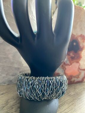Black Beaded Wire‑Wrap Cuff Bracelet • Artisan Handmade
